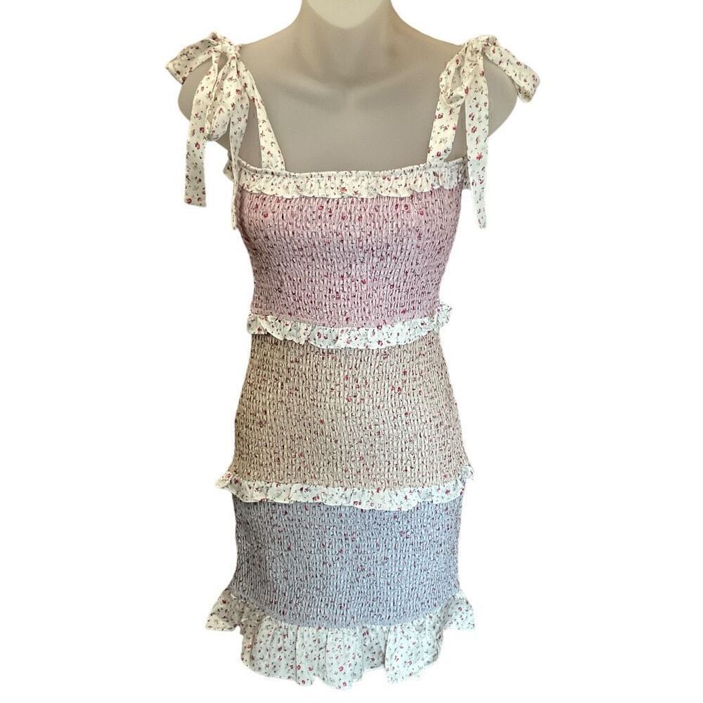 Storia Mini Dress Size Floral Colorblock Blue Pink Tan Square Neck Ruffled Hem S